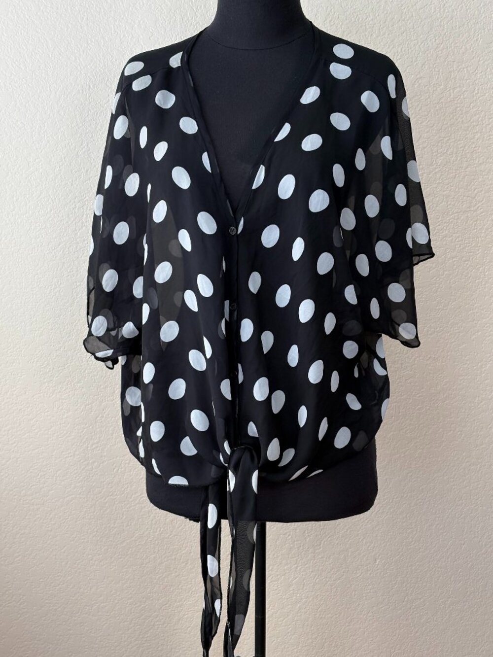 Julies Closet Black White Polka Dot Tie Front Sheer Blouse Kimono Sleeve Women's